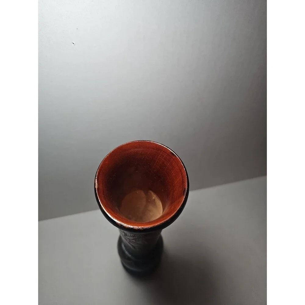 Vintage Dark Brown Hand Carved Wooden Pedastal Vase
